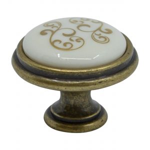 ידית כפתור P77 – ברונזה עתיקה / פורצלן קרם עיטור זהב P1