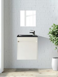 ארון  אמבטיה דגם סולו לבן כיור שחור כולל כיור איטגרלי או משטח עץ אלון